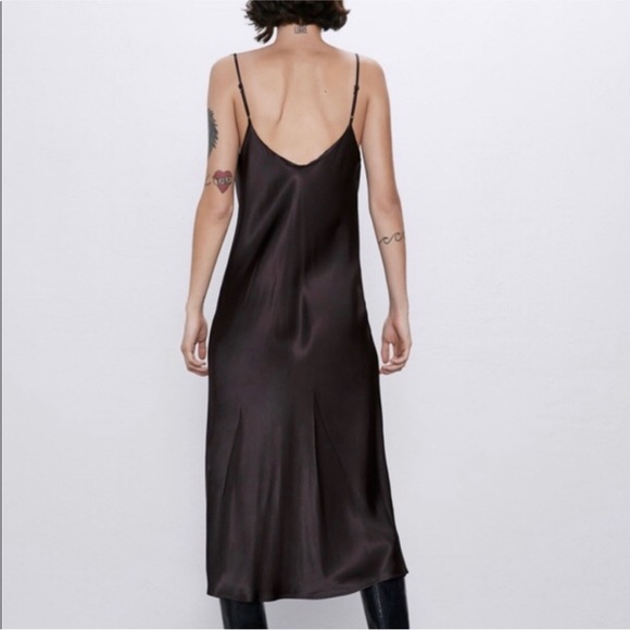 NWT ZARA SLIP DRESS satin brown chocolate 🍫 cowl neck MIDI XS 0 2 4 silky Y2K - Picture 5 of 8